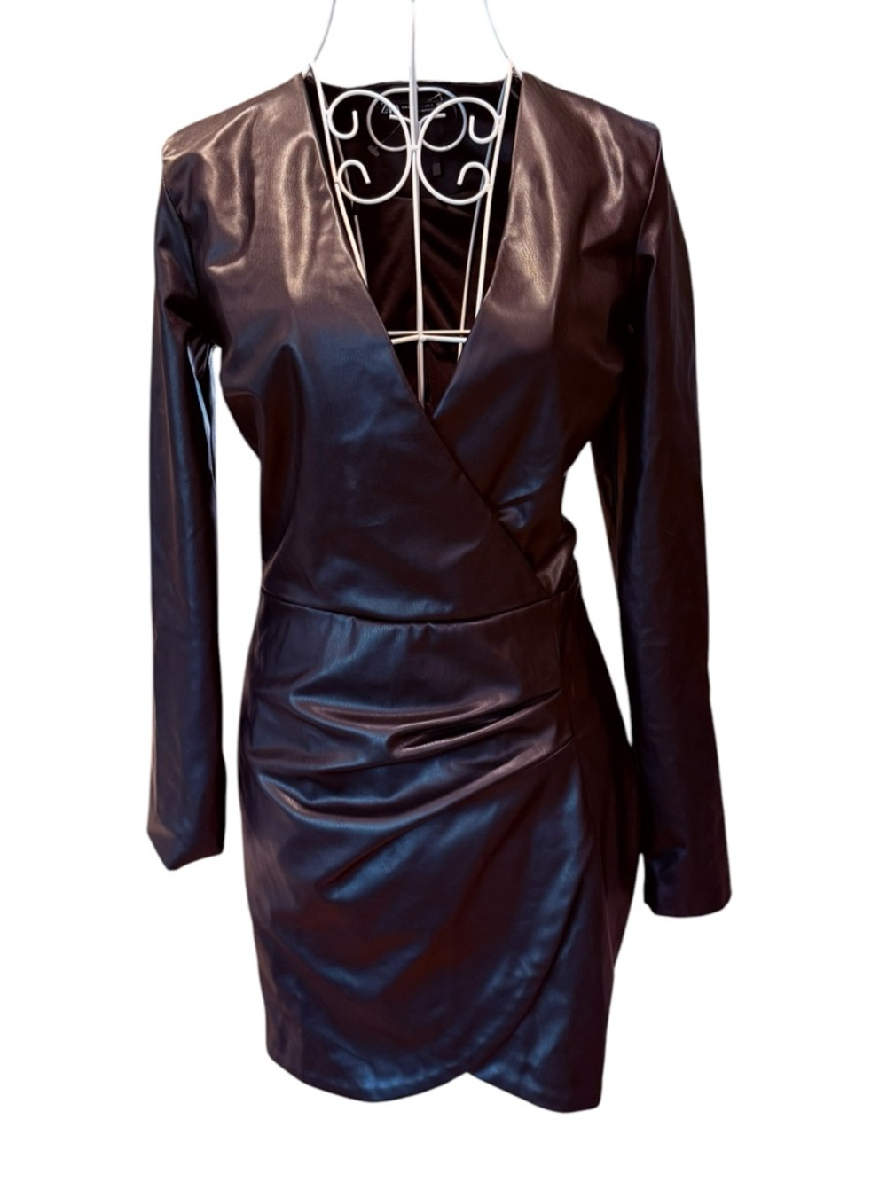 Zara Black Faux Leather Mini Dress Deep V Wrap Long Sleeve XS